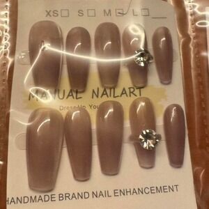 Manual Nailart Press On Nails Long Coffin Mauve Neutral Rhinestone Size‎ M